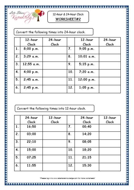 Grade 4 Maths Resources (7.1 Time – 12-hour & 24-hour Clock Printable Worksheets) – Lets Share ...