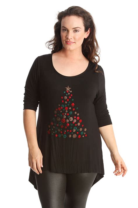 Ladies Top Plus Size Studded Womens Christmas Xmas Tree Dip Hem Shirt Nouvelle