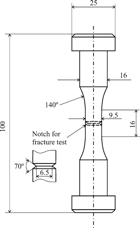 Round solid bar tension specimen (dimensions in mm) | Download ...