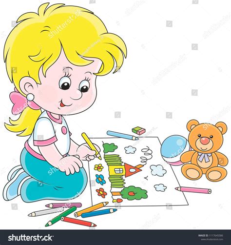 Little Girl Drawing Funny Picture Color Stock Vector (Royalty Free ...