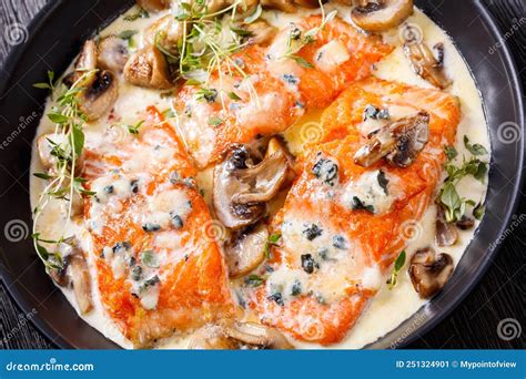 Salmon Fillet with Creamy Blue Mold Cheese Sauce Stock Image - Image of ...