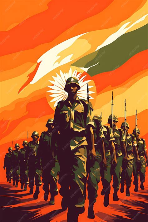Premium Photo | Poster of Indian Soldiers Marching in a Parade Holding the Indian Flag Flat 2D ...
