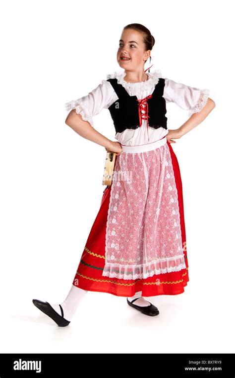 Studio shot of young girl in colourful Italian national folk dancing ...