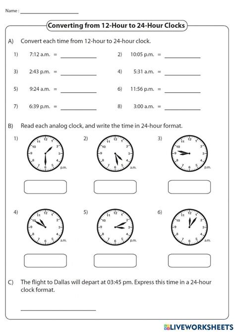 Converting from 12-hour to 24-hour clocks worksheet | Clock worksheets, 24 hour clock worksheets ...