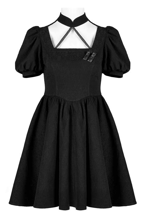 Elegant Gothic Black Puff-Sleeve Jacquard Mini Dress