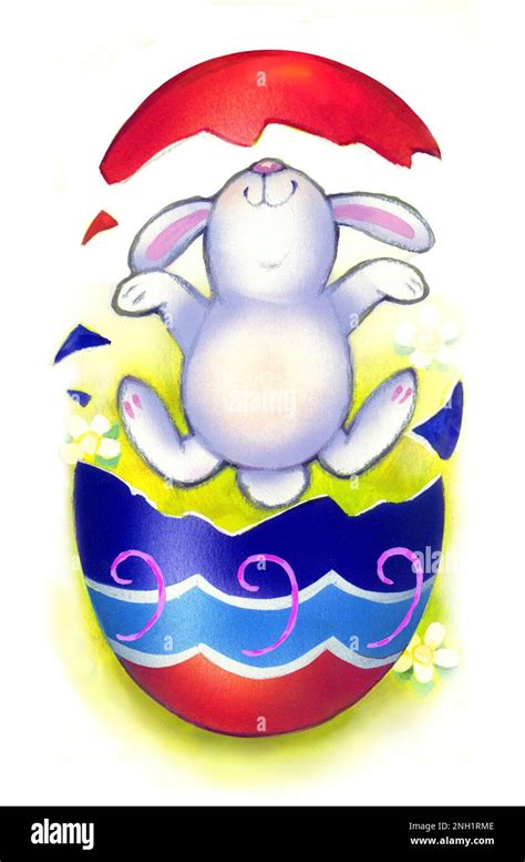 Easter-bunny jumping out of egg on white Stock Photo - Alamy