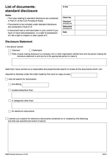 Form N265-Eng - Disclosure Application N265 - In the Claim No. Date List of documents: standard ...