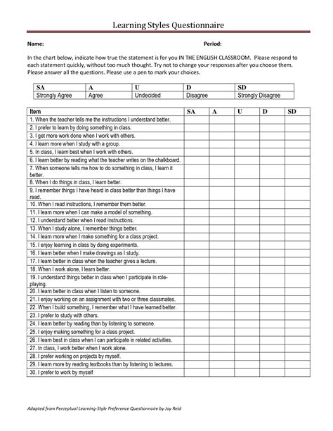 Free Printable Learning Styles Questionnaire - Free Templates Printable