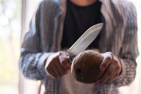 Person with Big Knife Try To Open and Break a Coconuts Stock Photo - Image of splash, husk ...