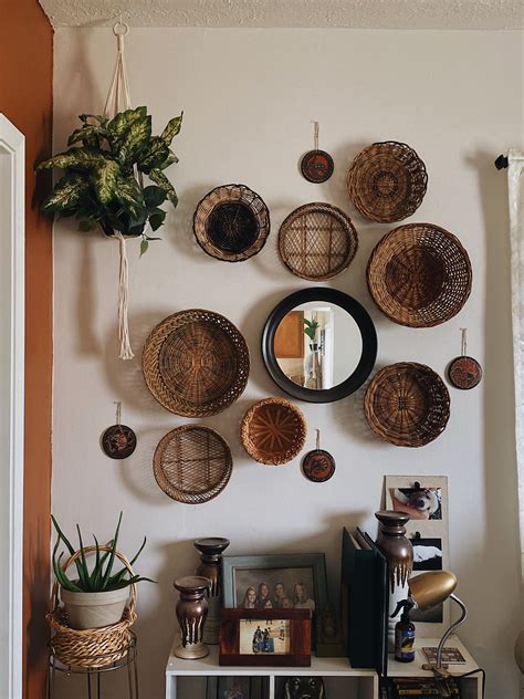 Boho Wicker Basket Wall with Hanging Plants | Basket wall decor ...