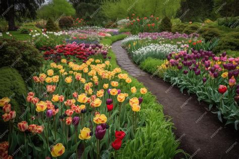 Premium AI Image | Intricate tulip garden with a variety of colors and ...