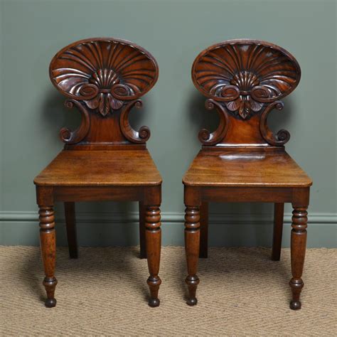 Spectacular Gillows Design Early Victorian Shell Carved Pair of Antique Mahogany Hall Chairs ...