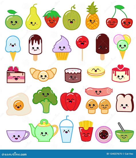 Kawaii Food Vector Emoticon Japanese Fruit or Vegetable Character and Emoji Dish with Cartoon ...