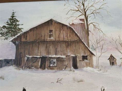 R Hamilton signed winter barn scene, acrylic on canvas in rustic wood ...