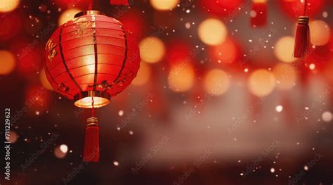 Chinese new year, Closeup bokeh defocused photo of Red Gold Traditional Chinese Glowing Hanging ...