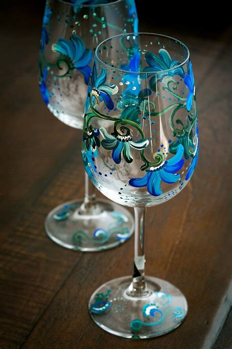 Floral Blue Decorated Hand Painted Wine Glasses by ZoraidasArt