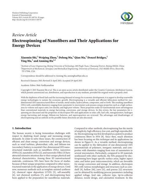 (PDF) Review Article Electrospinning of Nanofibers and Their Applications for Energy Devices