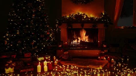 Decorated Christmas Fireplace Ambience Scene Snow Tree Lights