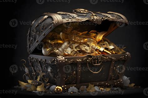 Open treasure chest filled with gold coins and expensive pirates loot ...