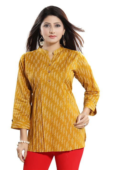 Mustard Cotton Printed Short Kurti for Girls and Women