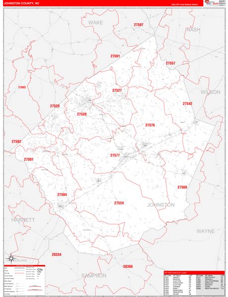 Johnston County, NC Zip Code Wall Map Red Line Style by MarketMAPS ...