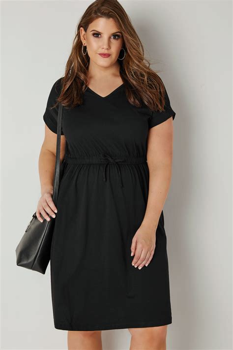 Black Jersey T-Shirt Dress With Drawstring Waist, plus size 16 to 36