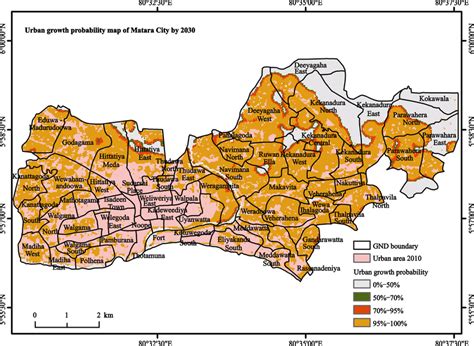 Urban growth probability map of Matara City by 2030 (Superimposed on... | Download Scientific ...