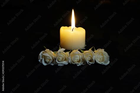 Beautiful White roses with a burning candle on the dark background. Funeral flower and candle on ...