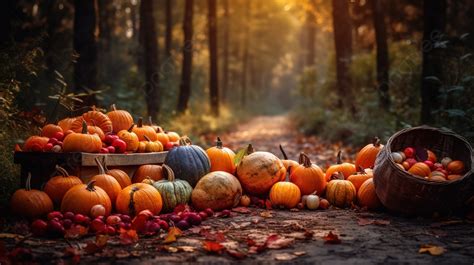 Pumpkins In The Forest On A Path With Sun Shining On It Background, Fall Picture Images, Picture ...