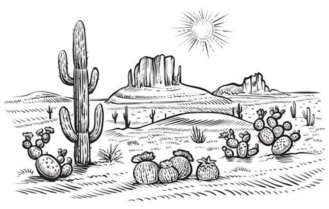 Desert landscape vector illustration with saguaro and opuntia blooming cactus. D , #Ad, #saguaro ...