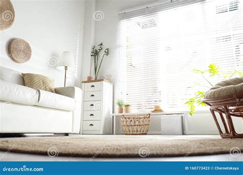 Beautiful Tropical Plants with Green Leaves in Living Room Interior, Low Angle View Stock Image ...