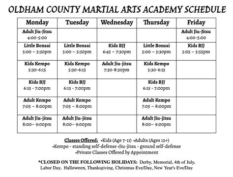 Class Schedule – Oldham County Martial Arts Academy