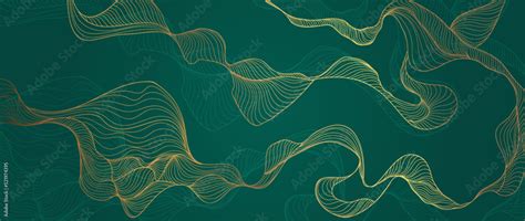 Elegant abstract line art on green background. Luxury hand drawn with gold wavy line and ...