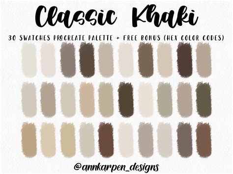 Classic Khaki Procreate Palette, 30 HEX Color Codes, Instant Digital ...