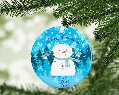 Personalized Snowman Ornament Christmas Tree Round Ceramic - Etsy