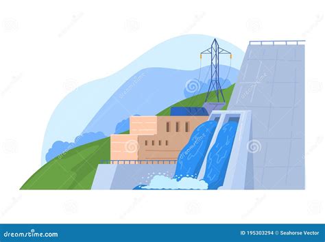 Factory Power, Hydroelectric Energy Station Generates Electricity With Generator, Cartoon Vector ...