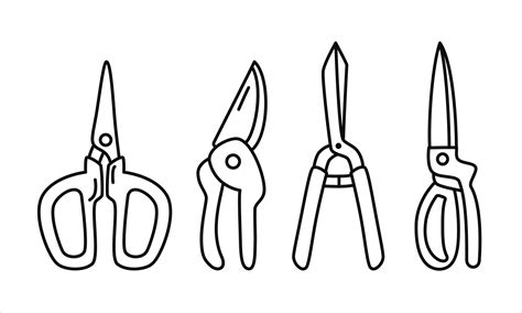 Set of vector black line illustrations of garden cutting tools. Spring ...