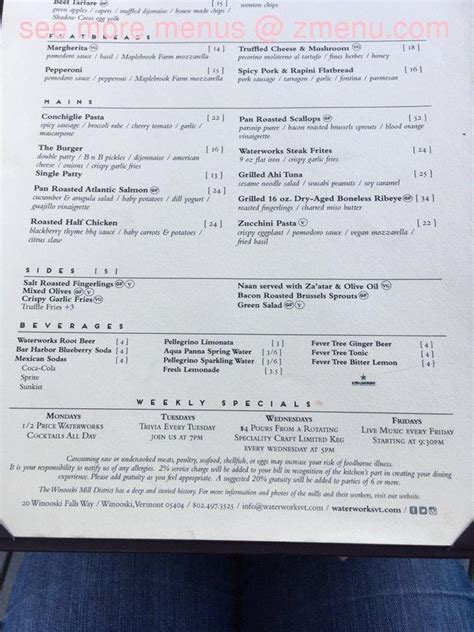 Online Menu of Waterworks Food + Drink Restaurant, Winooski, Vermont, 05404 - Zmenu