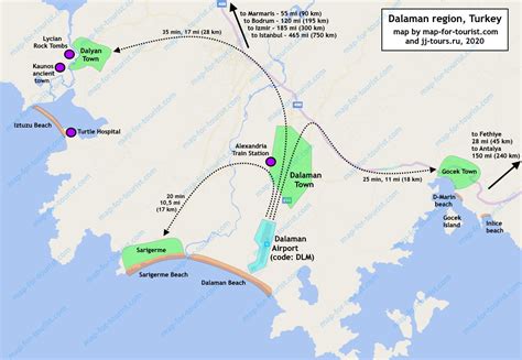 Map of Dalaman tourist region– beaches & attractions