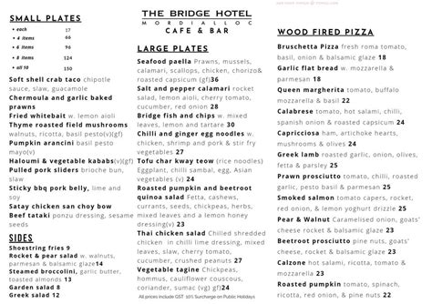 Menu at The Bridge Hotel Mordialloc cafe, Mordialloc