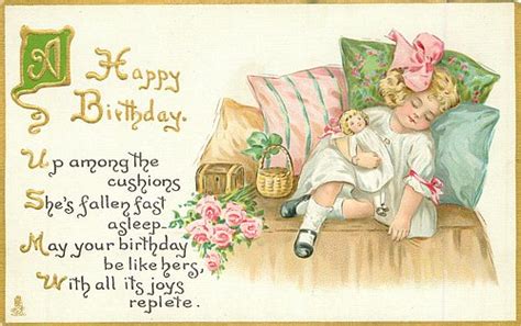 A HAPPY BIRTHDAY girl sleeps cuddling doll, pink roses - TuckDB Postcards
