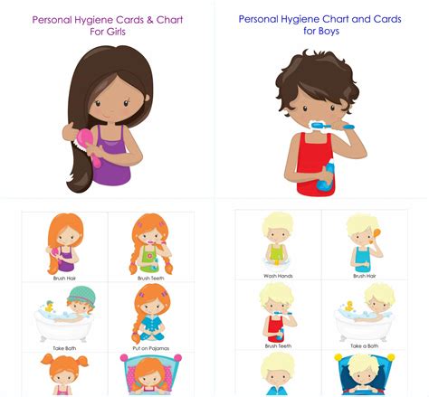 Personal Hygiene and Bedtime Routine Chart and Cards for Girls and Boys