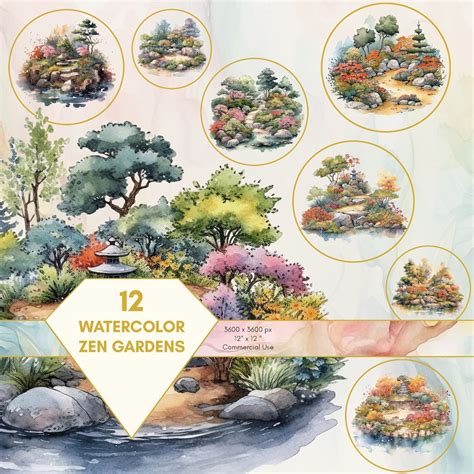 Watercolor Zen Garden Clipart, INSTANT DOWNLOAD, PNG Format, Commercial ...