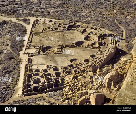 U.S.A., New Mexico, Chaco Canyon National Monument, aerial view of the ...