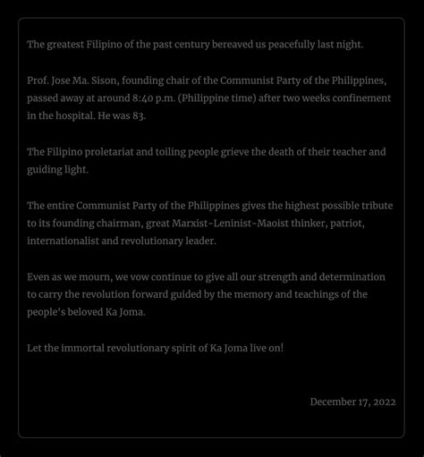 The entire Communist Party of the Philippines gives the highest possible tribute to its founding ...