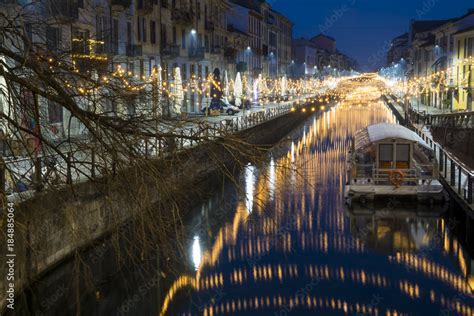 Milan, Italy: The Naviglio Grande canal waterway with Christmas light ...