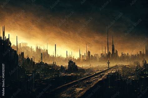 Panorama of dystopian sci-fi city / Digital artwork of futuristic post ...