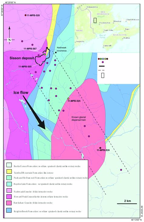 Location of the five studied till samples (yellow dots) and the geology ...