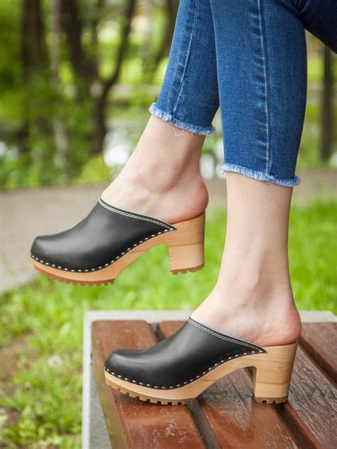 Swedish Black Leather High Heel Clogs #black #highheelshoes #clogs #leathershoes High Heel Clogs ...