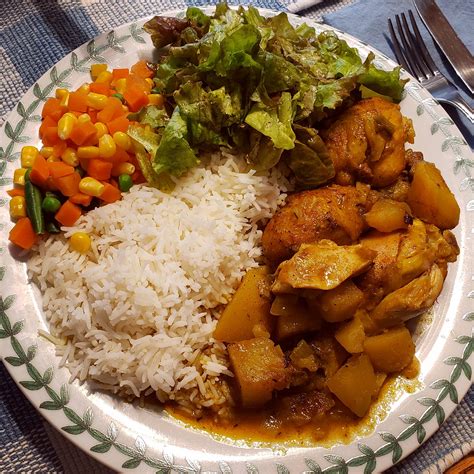 Jamaican chicken curry with basmati rice, mixed veggies, and fresh lettuce from the garden ...